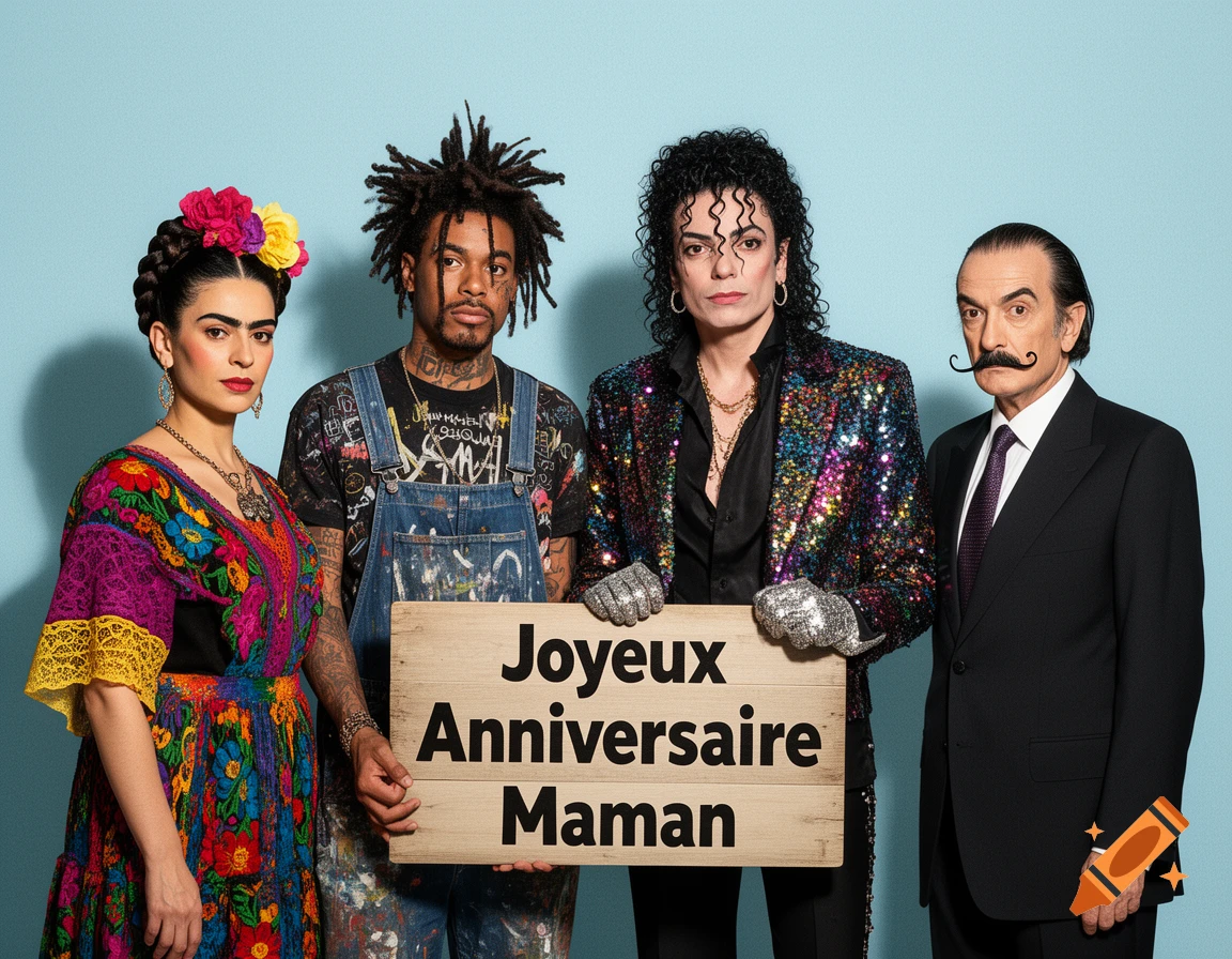 Four people dressed as Frida Kahlo, Jean-Michel Basquiat, Michael Jackson, and Salvador Dal A A A hold a sign saying 'Joyeux Anniversaire Maman' against a light blue background.