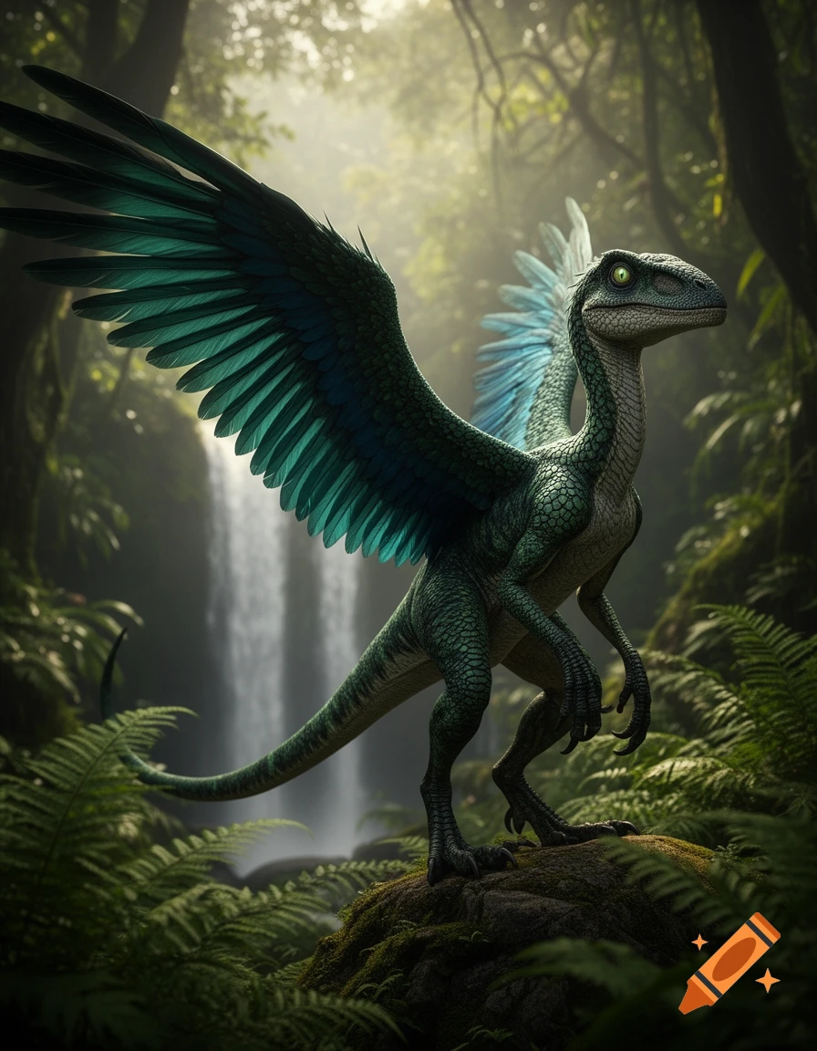 Photorealistic image of a winged velociraptor standing on a mossy rock in a lush, misty jungle with a waterfall.