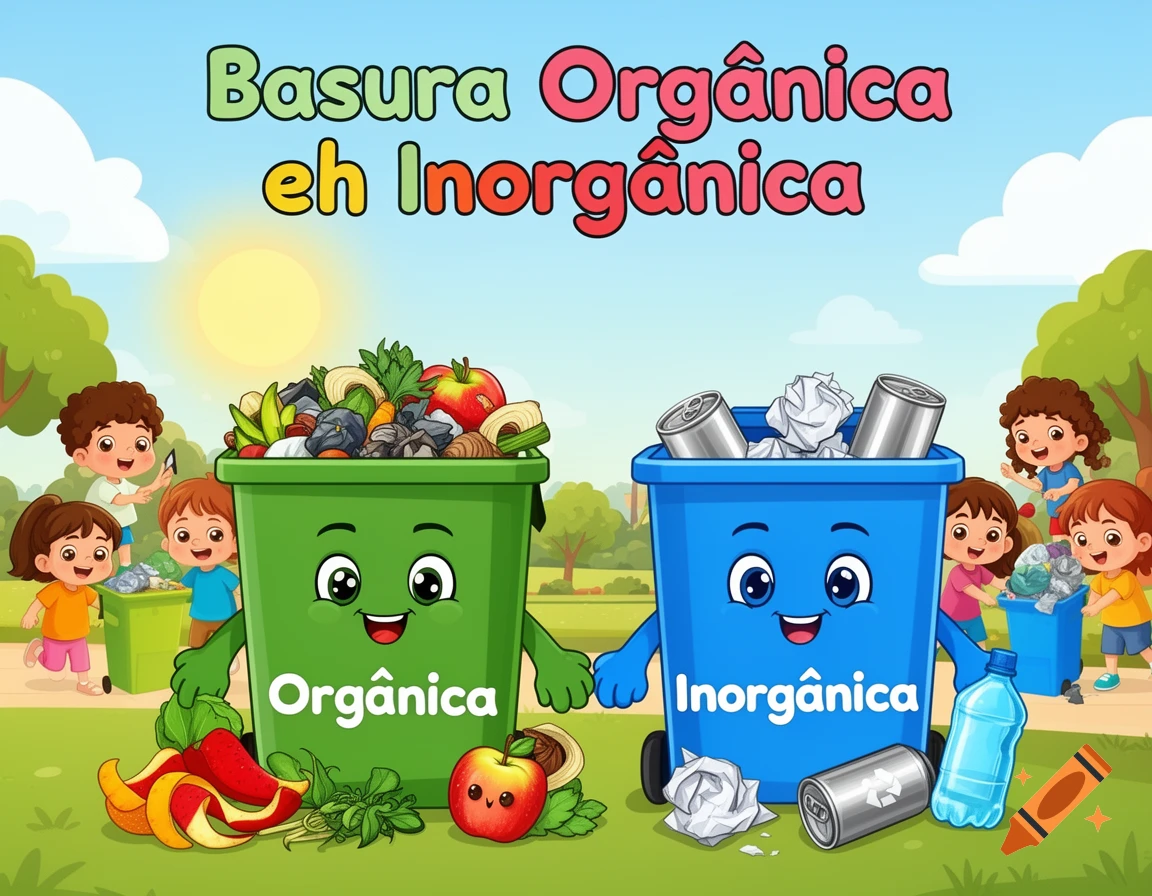 A cartoon illustration for kids shows two smiling personified recycling bins, green for organic and blue for inorganic, with children sorting waste in a park.