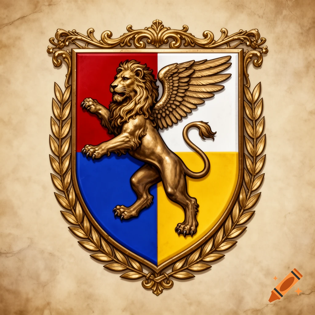 A golden winged lion standing on a shield divided into red, white, blue, and yellow sections, framed by ornate gold scrollwork and laurel wreaths.