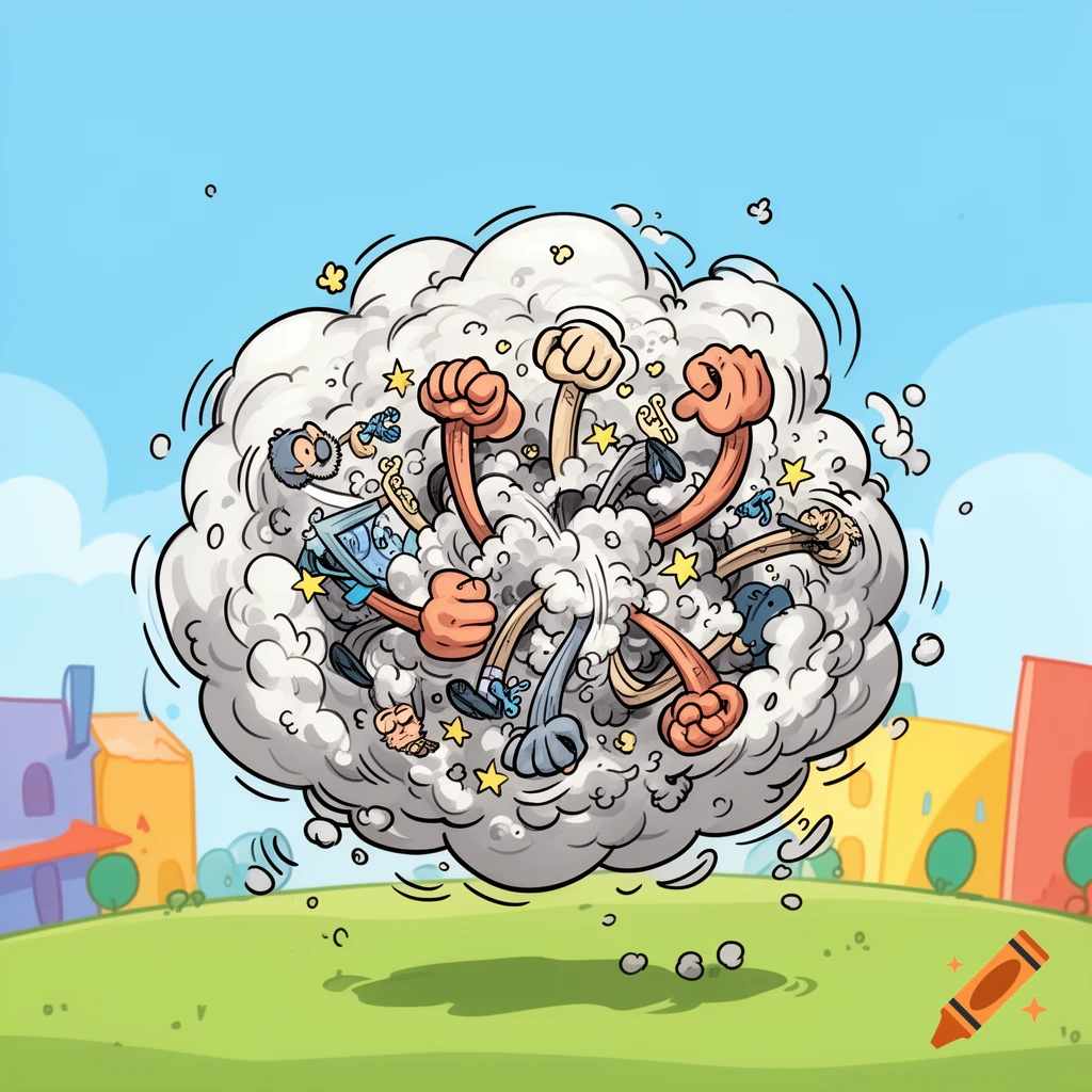 Cartoon fight cloud with fists and legs flailing, set against a blue sky, green field, and simple houses.