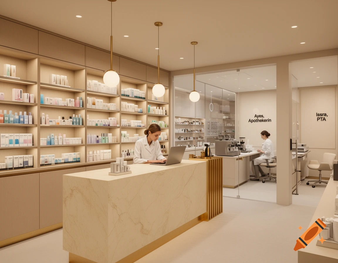A modern, well-lit luxury pharmacy interior with a marble consultation desk, shelves filled with products, and two female pharmacists at work.