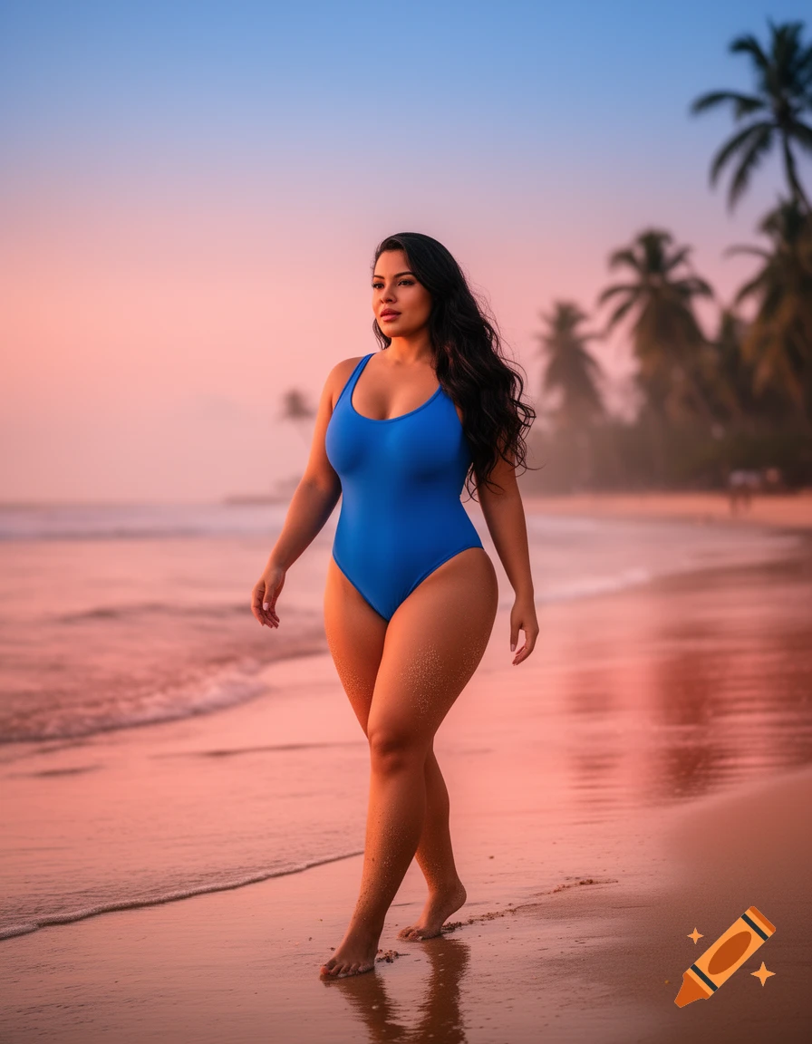 A curvy woman in a blue one-piece swimsuit walks along a sandy beach at golden hour, with palm trees in the background.