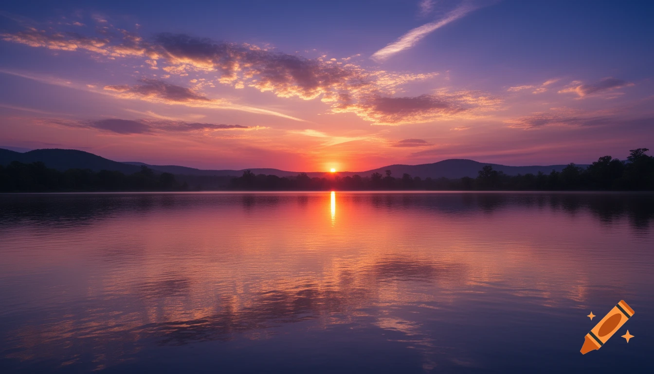 A dramatic sunset over a calm lake, with an orange sun reflecting on the water and a sky filled with purple and pink clouds.