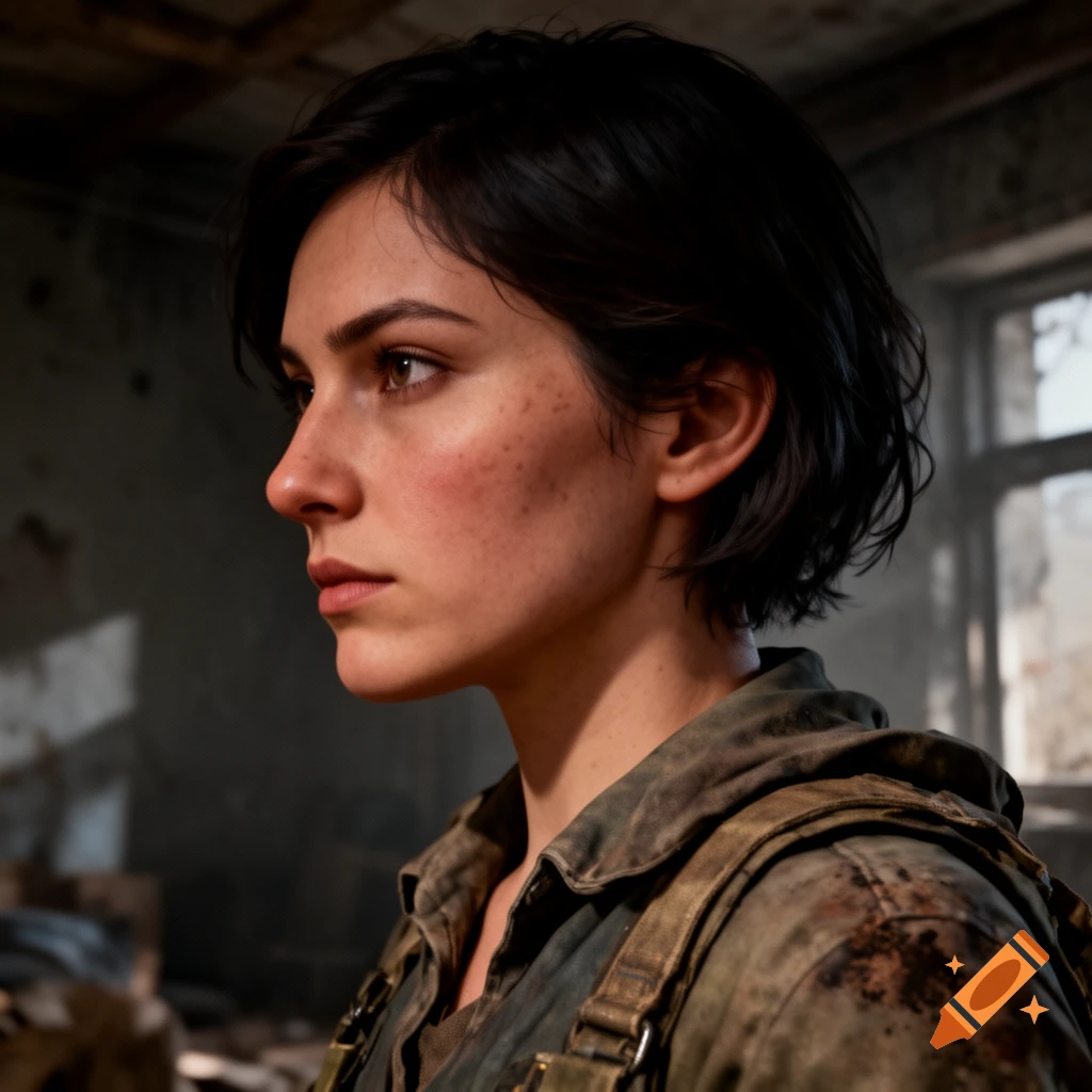 Photorealistic profile portrait of a somber woman with short dark hair and freckles in a war-torn setting, wearing a dirty olive jacket.