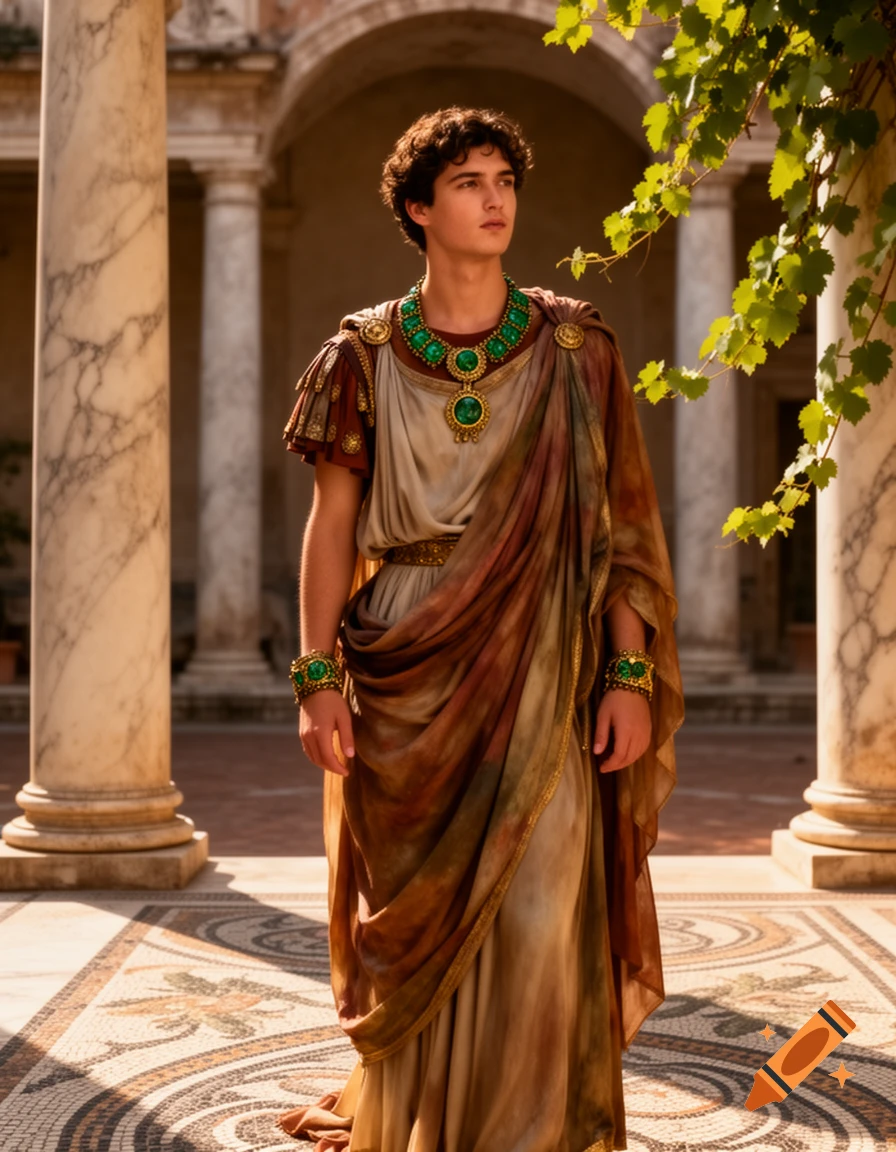 A young man in an elaborate Roman toga and green emerald jewelry stands in a columned courtyard with mosaic floor, looking right.