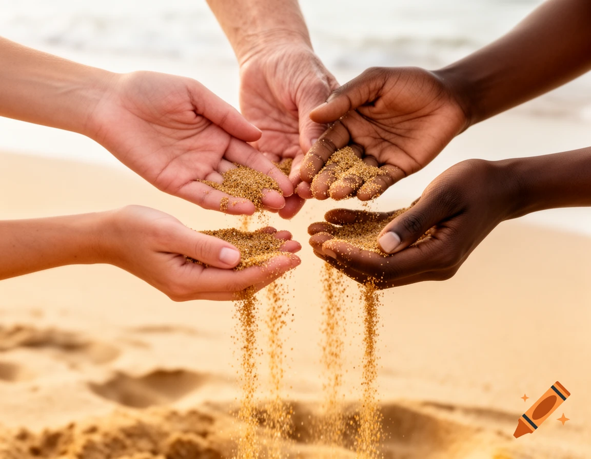 Multi-ethnic hands letting sand slip through fingers on a beach, symbolizing impermanence.