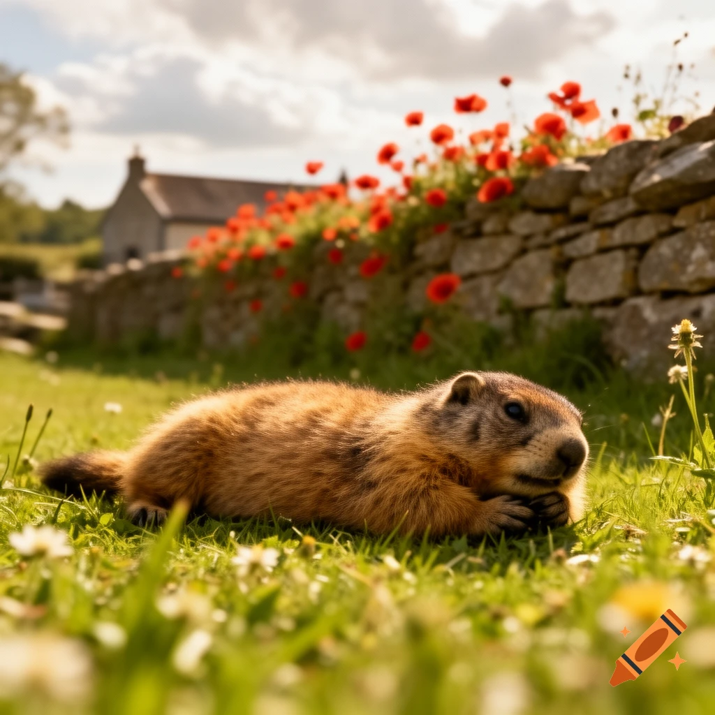 A fluffy brown marmot lies on green grass, with red poppies, a stone wall, and a house blurred in the background on a sunny day.