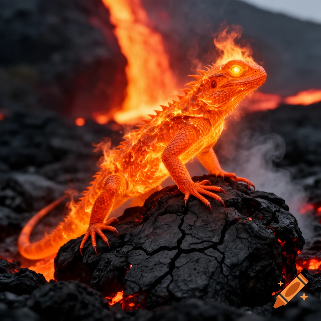 A photorealistic fiery orange lizard with glowing eyes stands on dark volcanic rock with lava flowing in the background.