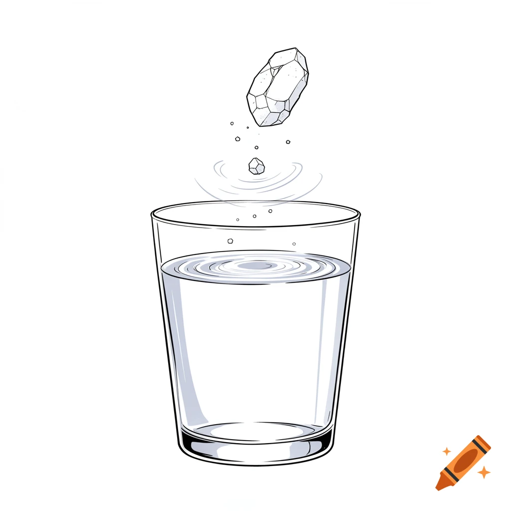 A faceted white crystal falls into a clear glass of water, creating ripples, in a clean 2D line drawing style.