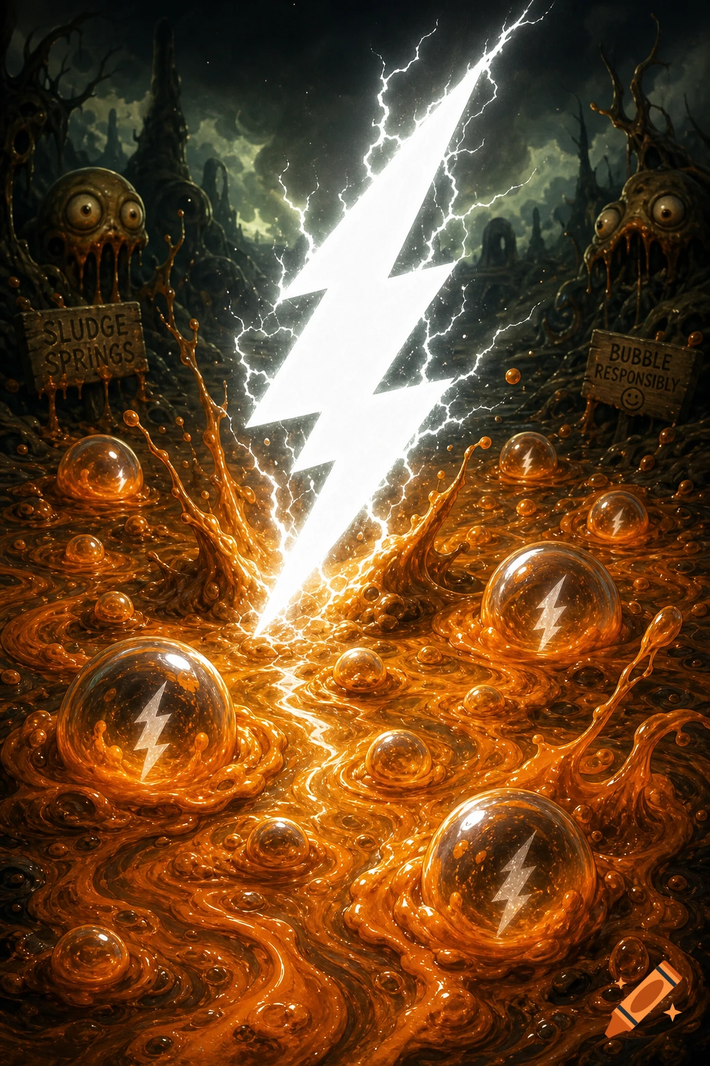 A brilliant white lightning bolt strikes into a bubbling, orange sludge bog, surrounded by grotesque, eyed creatures in a dark, eerie landscape.