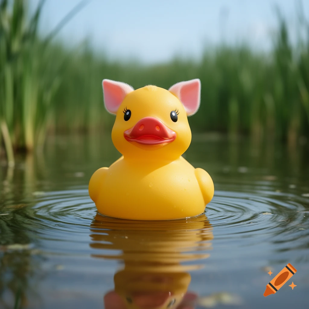 A yellow rubber duck with pink piglet ears and a snout floats in clear water, reflecting its image. Green reeds are in the blurred background.