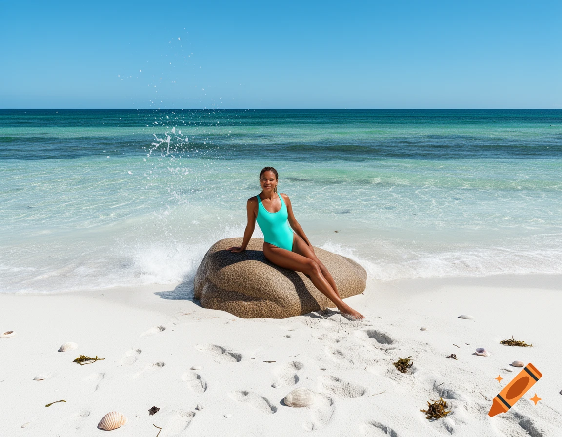 A woman in a teal one-piece swimsuit sits on a rock at a sunny beach with clear blue water.