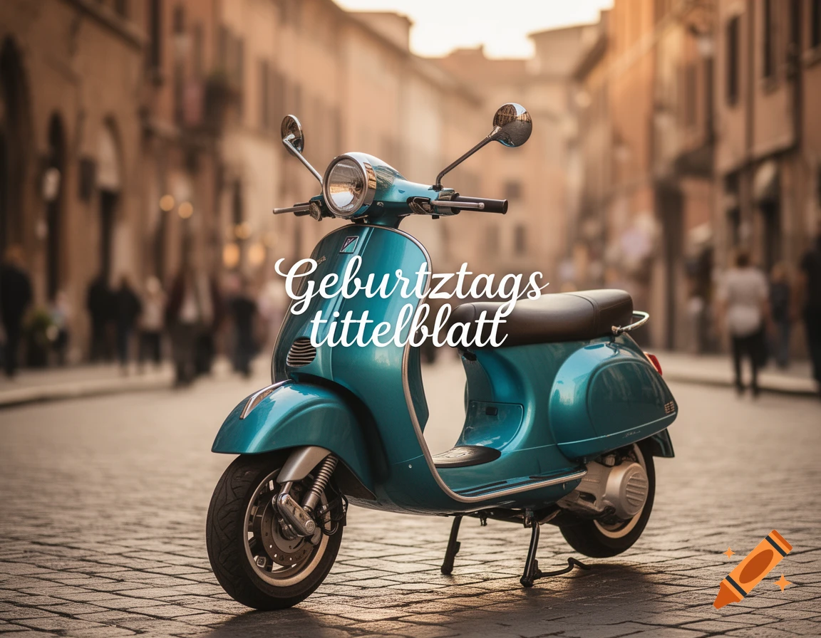 A turquoise Vespa scooter with white text 'Geburtztags tittelblatt' parked on a cobblestone street in a blurry city background.