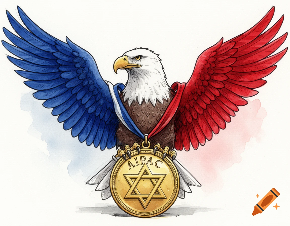 An editorial illustration of a bald eagle with one blue wing and one red wing, holding a gold medal with a Star of David and 'AIPAC' text.