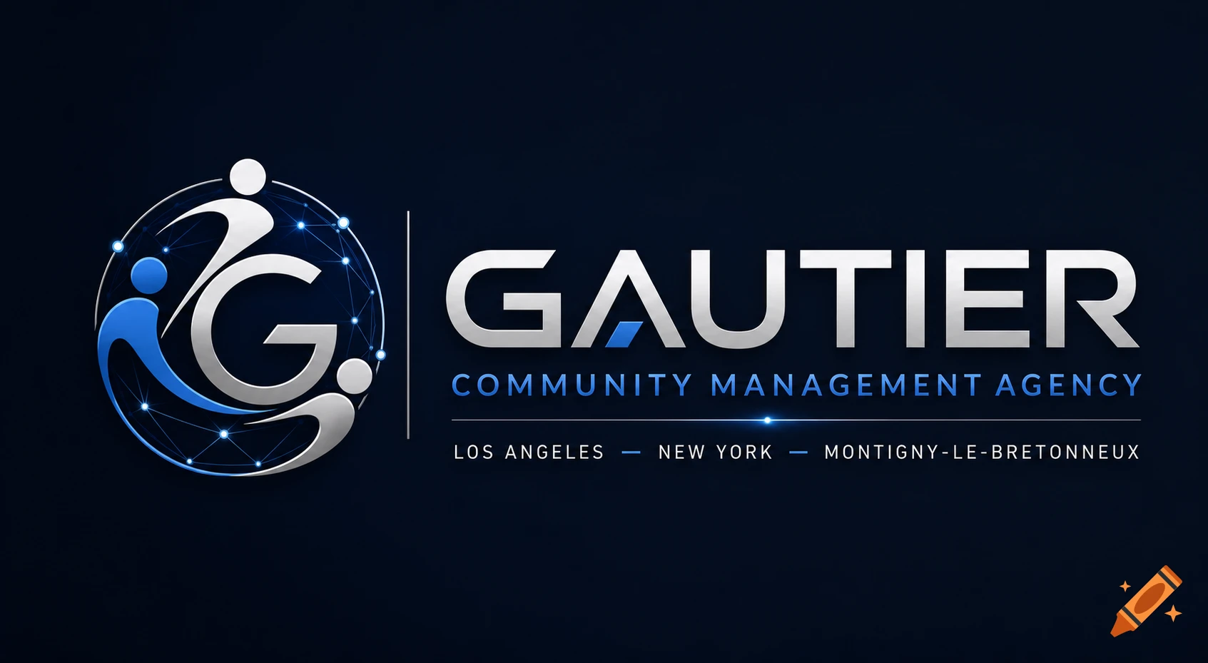 Logo for Gautier Community Management Agency with a stylized G and network design, listing Los Angeles, New York, Montigny-le-Bretonneux.