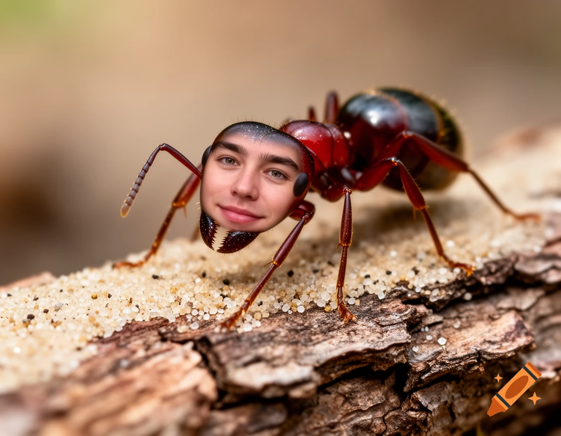 A close-up, photorealistic image of a fire ant with a human face replacing its head, walking on sand and wood.