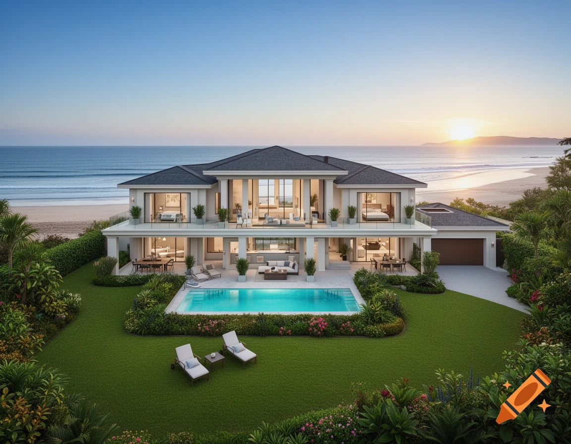 A grand, photorealistic villa with a swimming pool and lush garden overlooking a sunny beach at sunset.