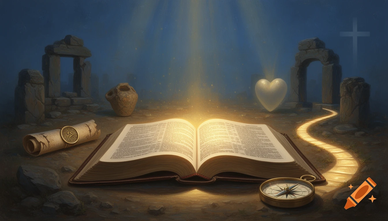An open, glowing Bible sits on the ground surrounded by a prophetic scroll, ancient ruins, a white heart, a compass, and a glowing path leading to a faint cross in a mystical, painterly landscape.