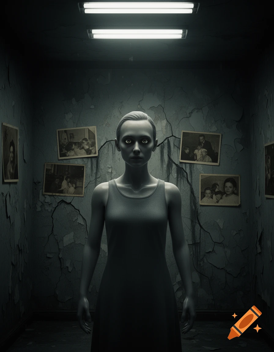 A pale figure with glowing eyes stands in a dark, cracked room with old photographs on the walls, creating an eerie horror scene.