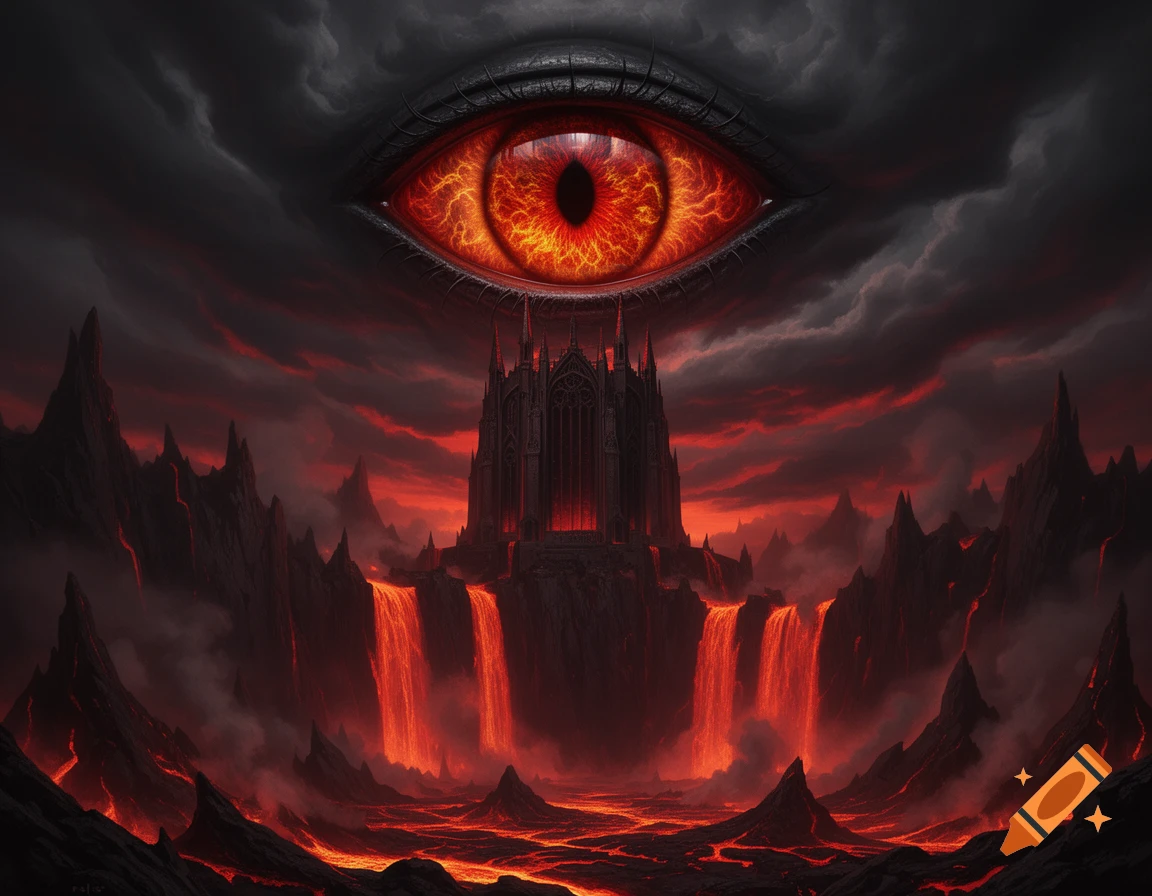 A large fiery red eye in a dark sky watches over a volcanic landscape with a dark castle and lava waterfalls.