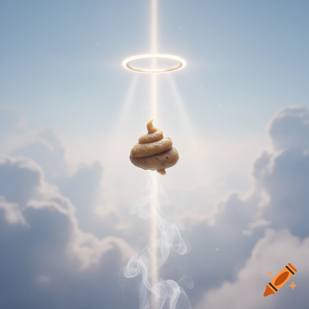 A stylized pile of feces with a glowing halo, light rays, and smoke, floating against a cloudy blue sky.