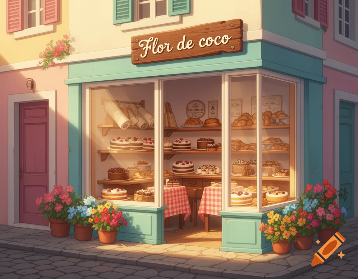 A colorful, stylized bakery storefront named 'Flor de coco' displaying cakes and pastries, with potted flowers outside.