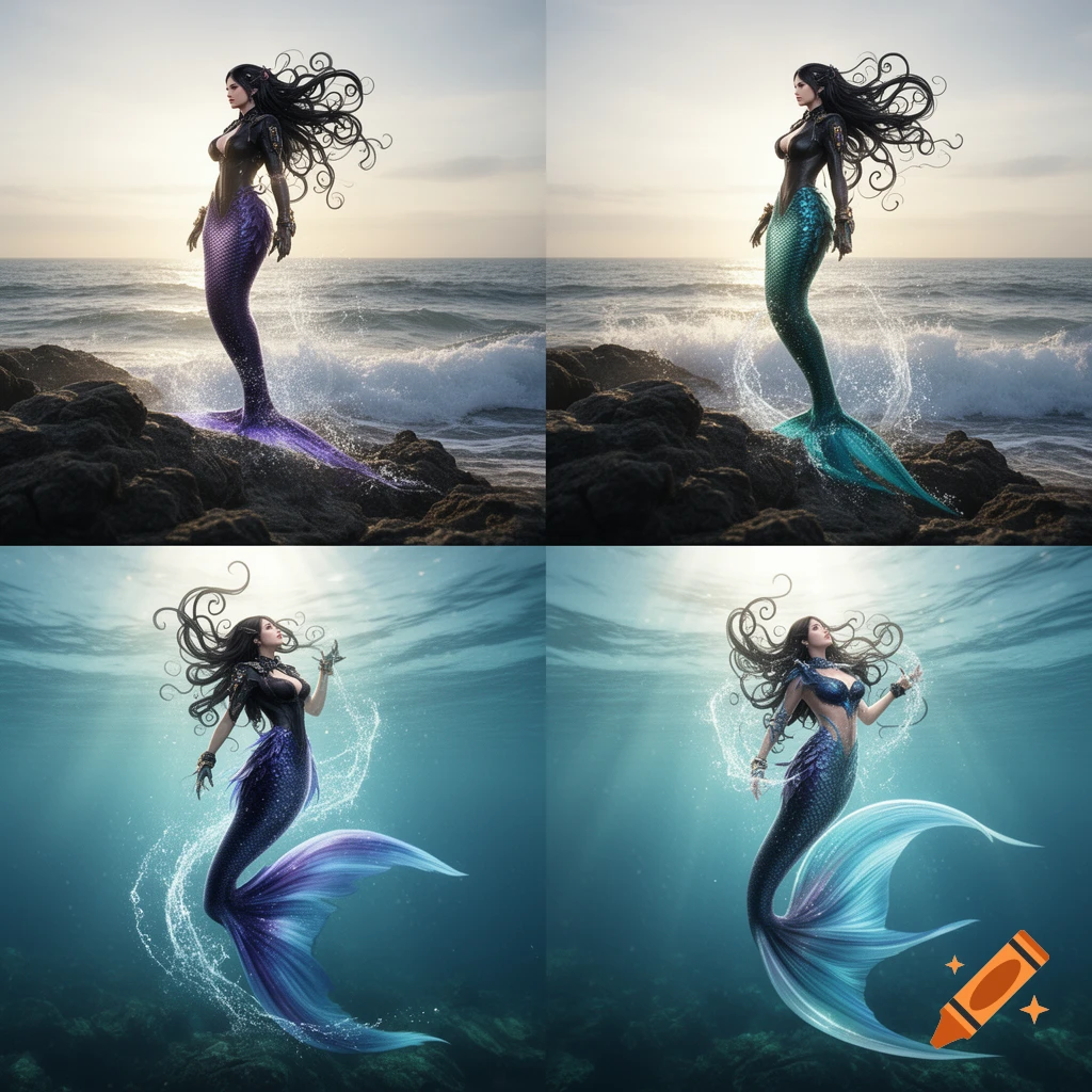 Four panels depicting dark-haired mermaids with stylized tops and colorful tails in ocean and beach settings.