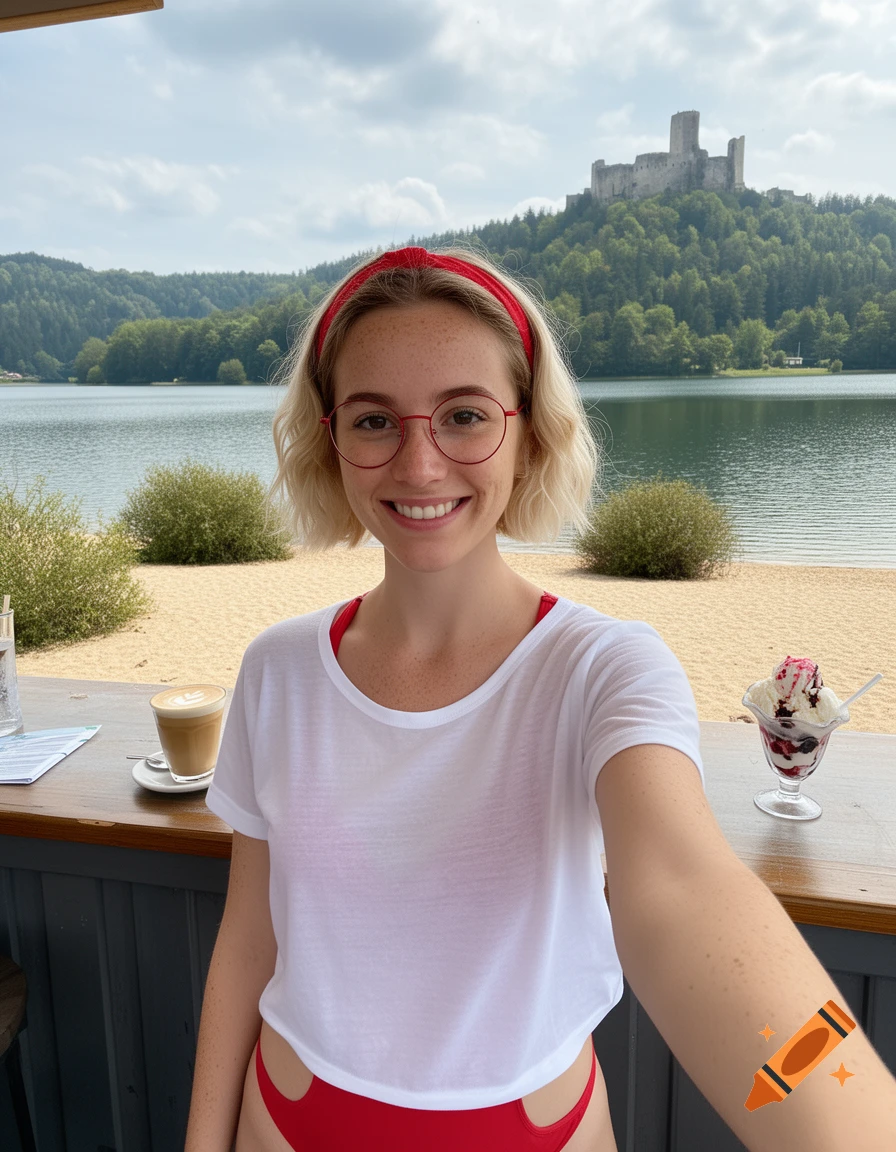 Smiling woman in white t-shirt and red bikini taking a selfie at a lake beach cafe with a castle in the distance.