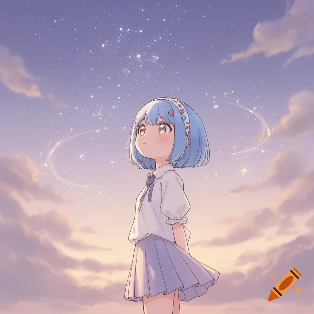 A cute anime girl with blue hair and a headband looks up at a starry, cloudy pastel sky.