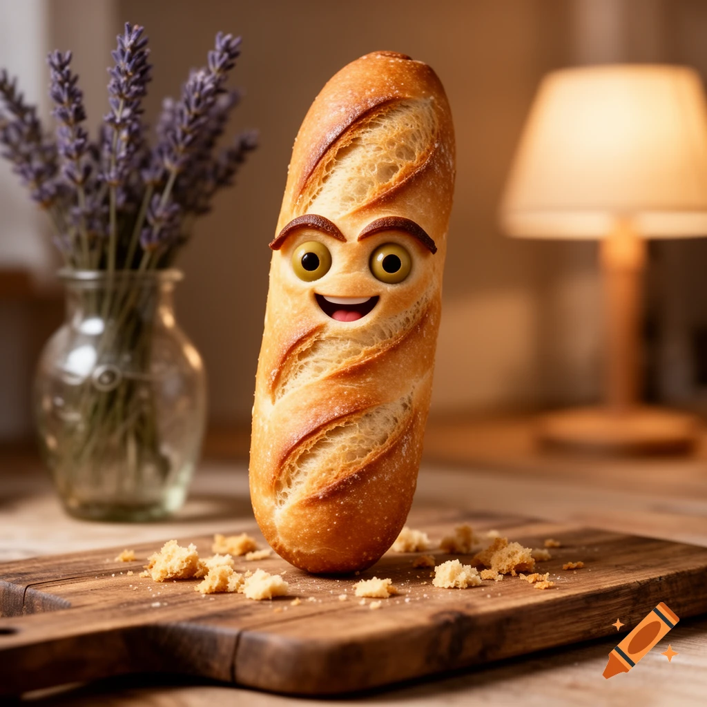A happy anthropomorphic baguette with cartoon eyes and mouth stands on a wooden cutting board with crumbs, next to lavender and a lamp.