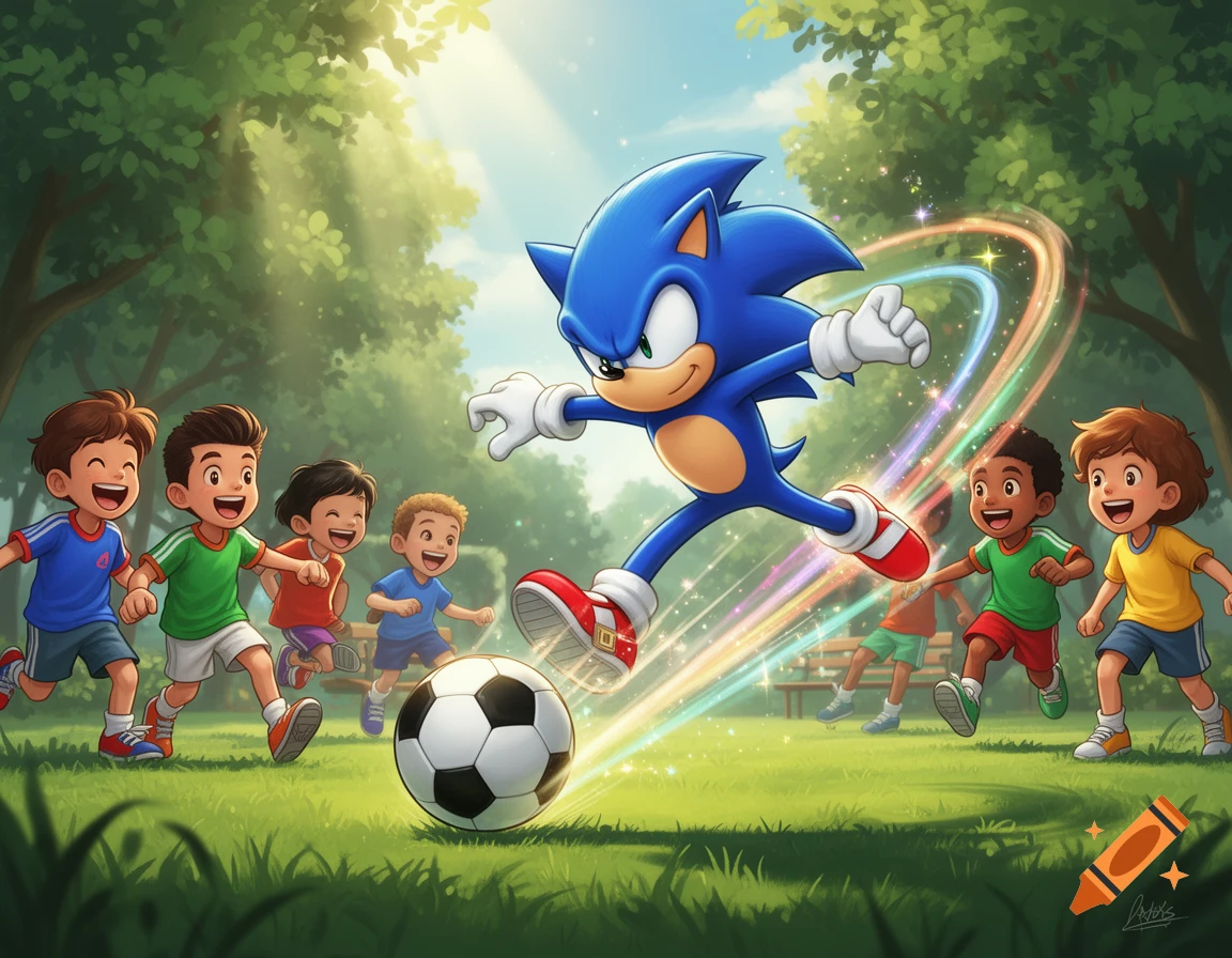 Sonic the Hedgehog joyfully kicks a soccer ball, surrounded by smiling children in a sunny cartoon park.