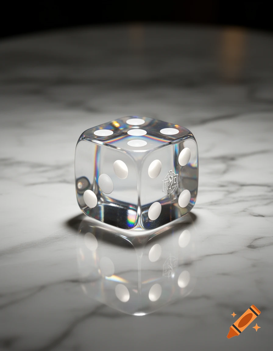 A clear, transparent six-sided die with white pips sits on a white marble surface, casting reflections and showing rainbow refractions.