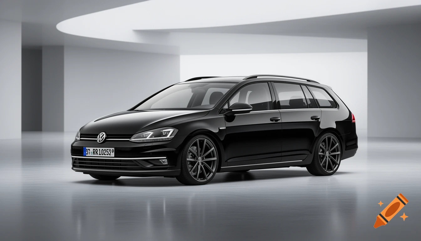 A black Volkswagen Golf 7 Variant station wagon parked in a modern, clean, white studio environment, photorealistic.