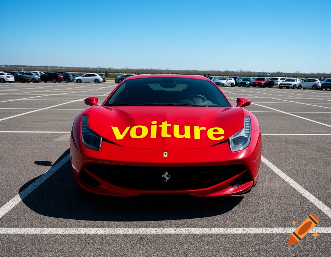 A red Ferrari sports car with "voiture" written in yellow on the hood, parked in a large outdoor parking lot under a blue sky.