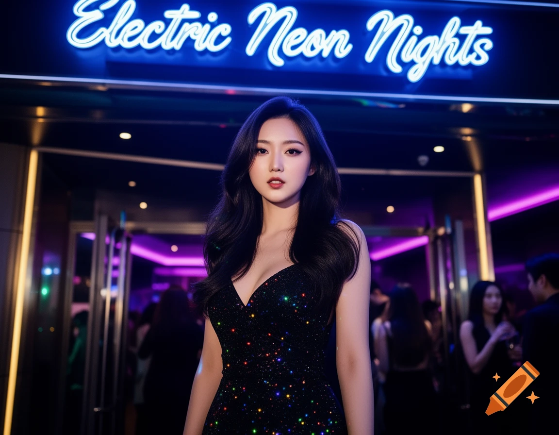 A woman in a sparkly black dress stands outside a club under a neon 'Electric Neon Nights' sign.