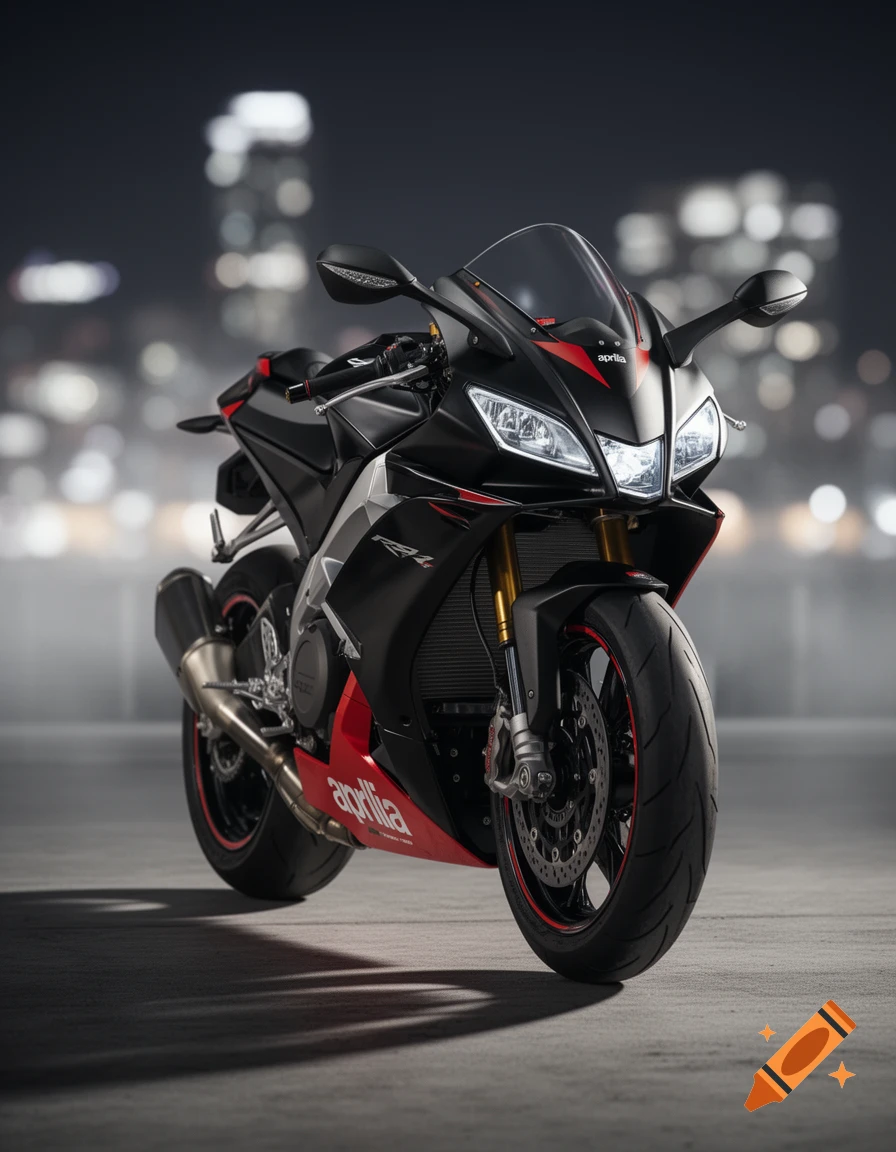 A black and red Aprilia RSV4 motorcycle with headlights on, parked on concrete with a blurred city skyline background at night.