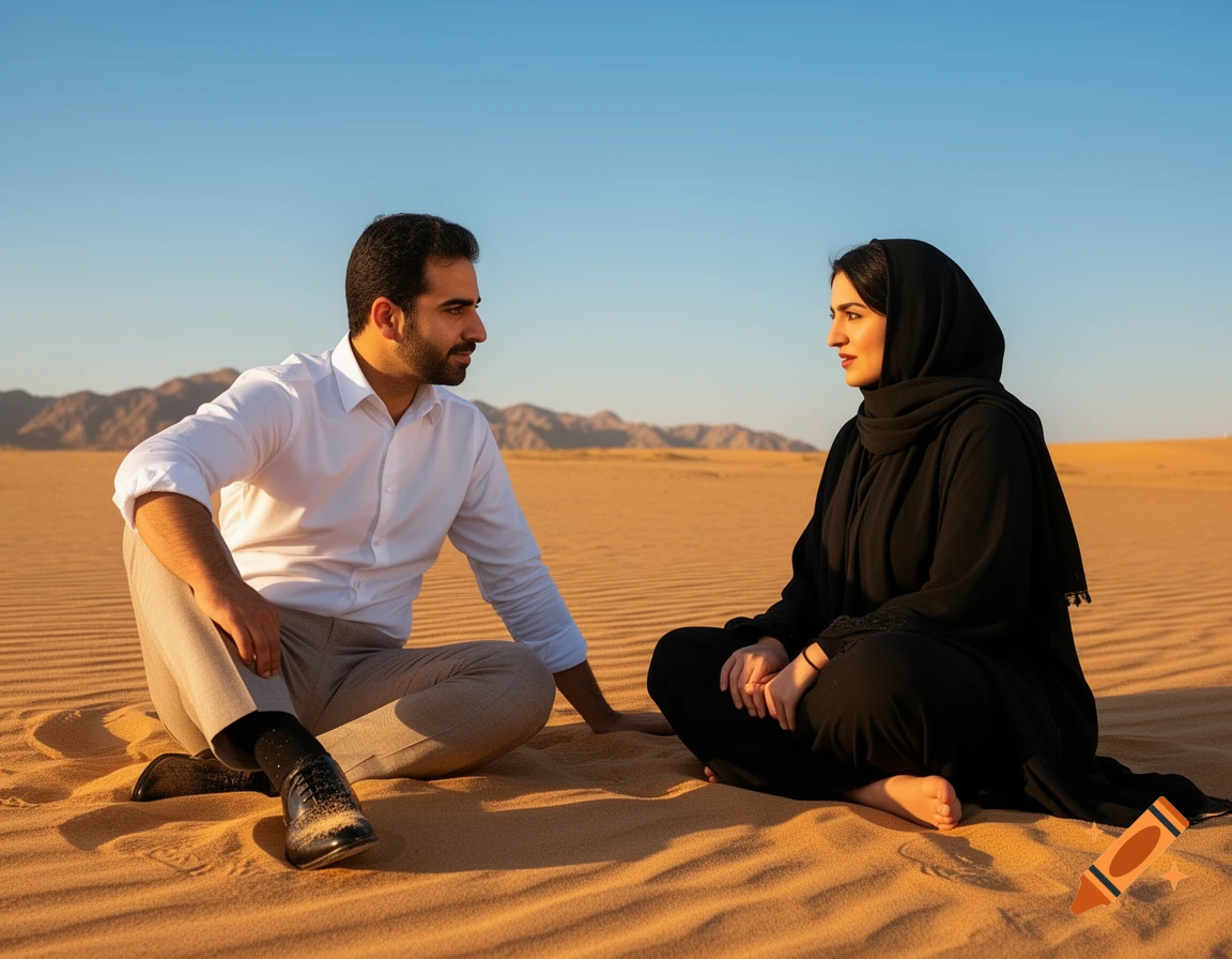 A man in a white shirt and a woman in a black abaya sit facing each other in a sandy desert under a clear blue sky.