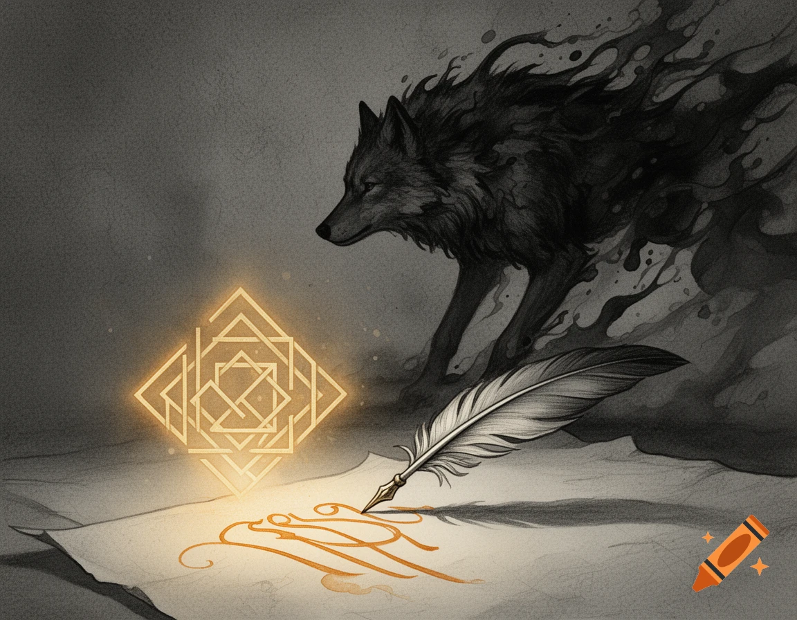 A shadowy black wolf overlooks a glowing amber geometric rune and a feather writing on parchment, in a grayscale fantasy illustration.
