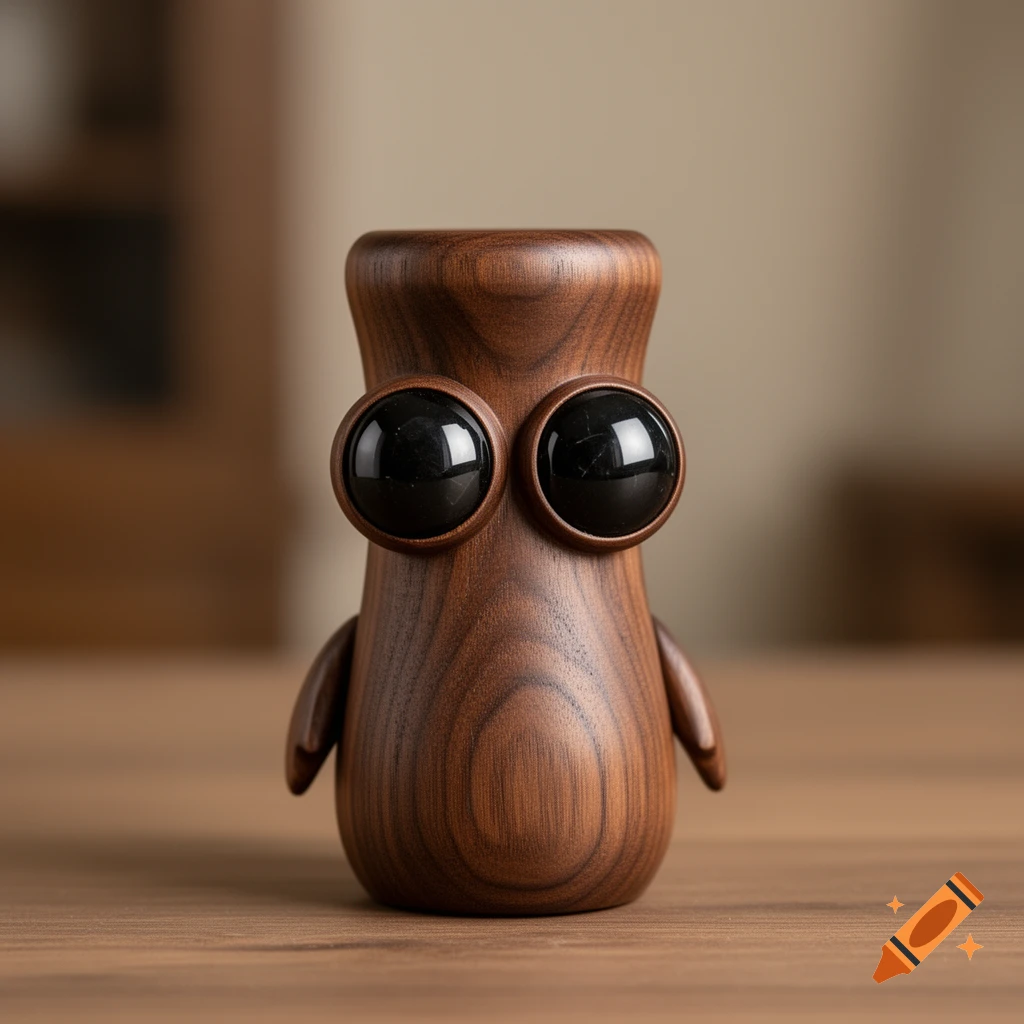 A photorealistic wooden character, shaped like a pestle, with large black eyes and tiny arms, stands on a wooden table.