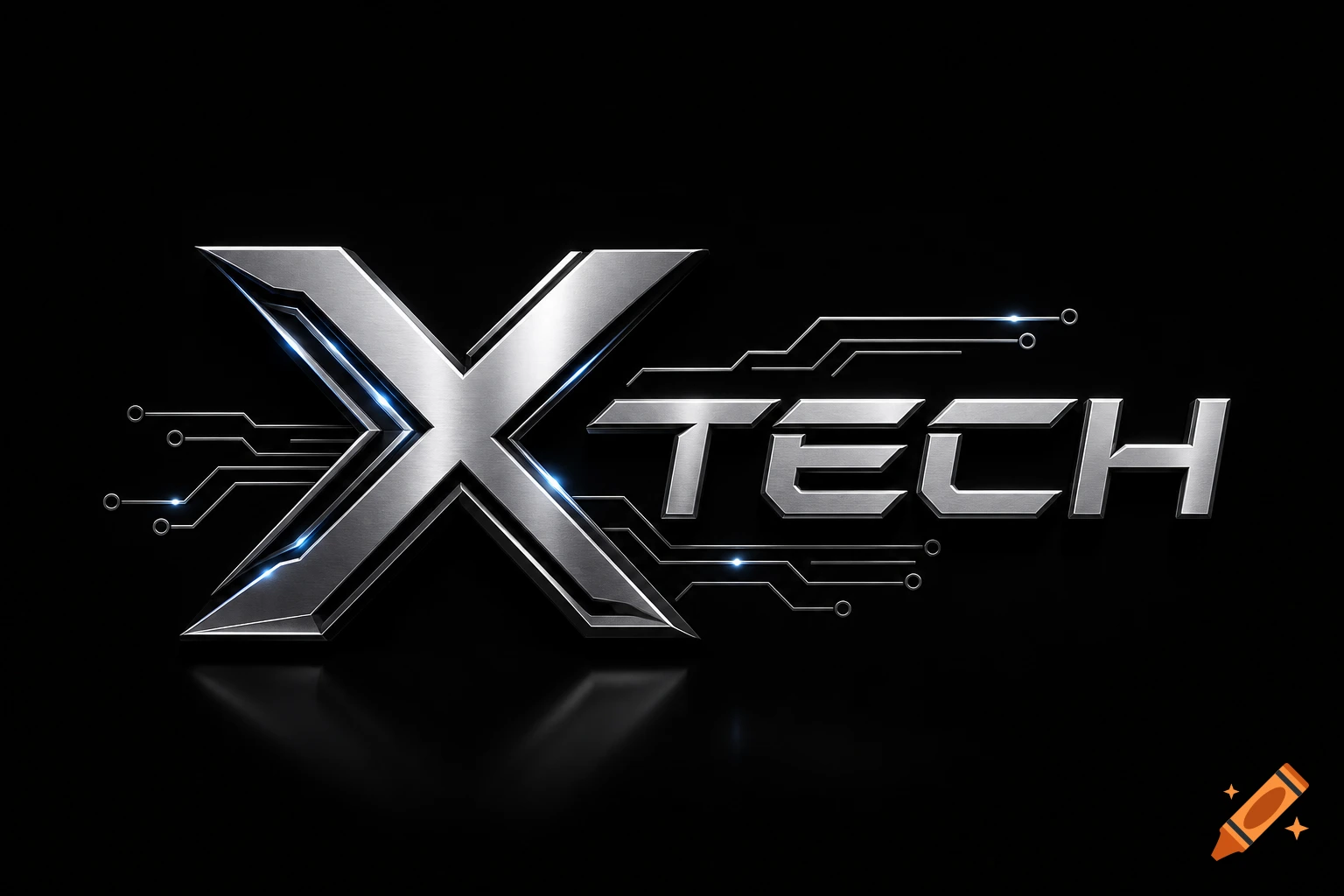 A metallic, silver X-TECH logo with glowing blue circuit board lines on a black background.