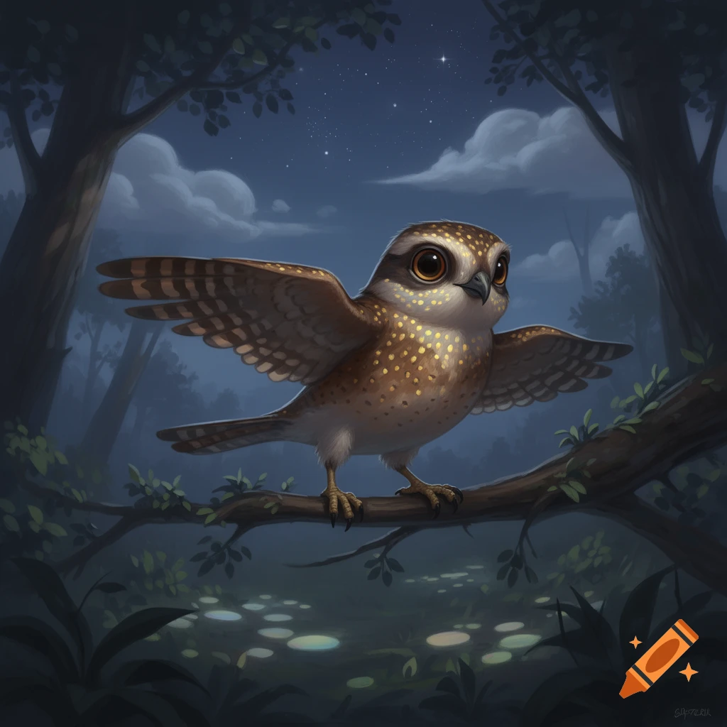 A cute, stylized brown owl with large eyes and spread wings perches on a branch in a dark, mystical forest at night, with glowing mushrooms and stars.