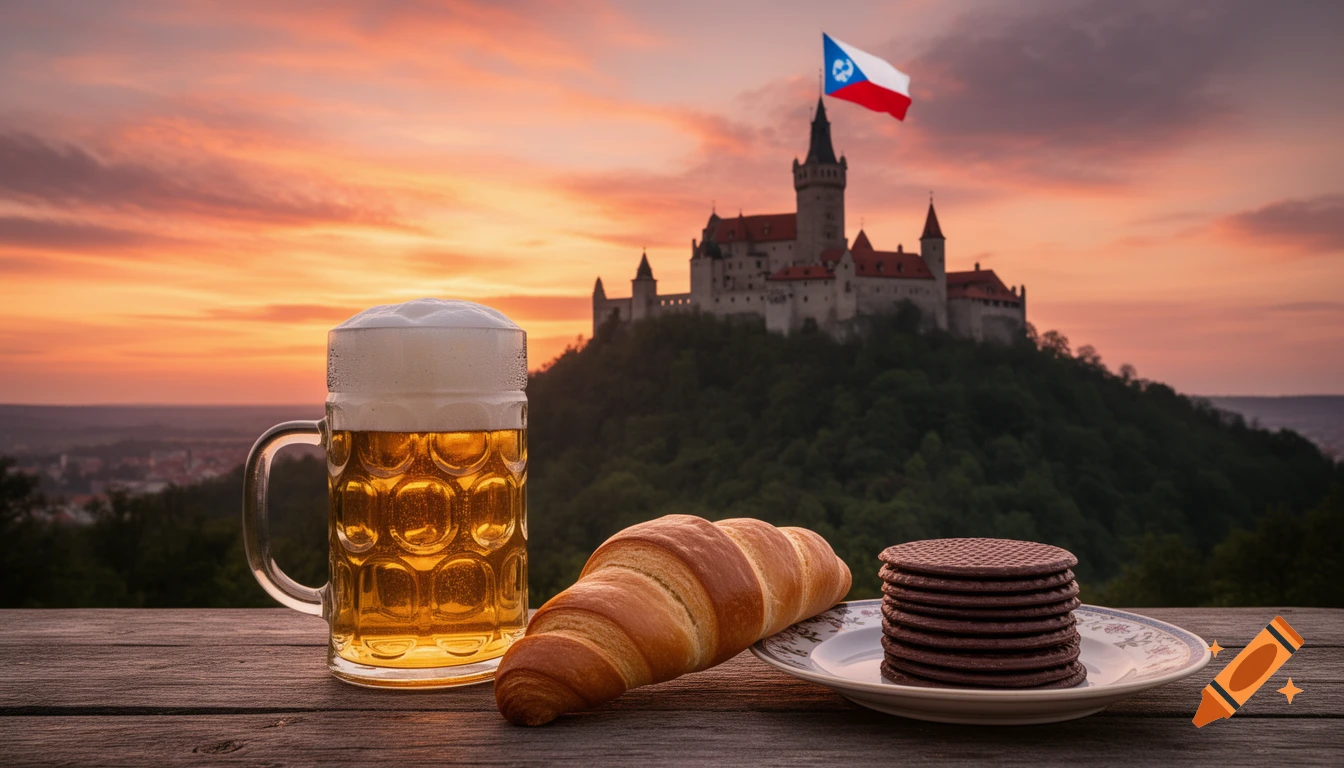 A photorealistic image of a mug of beer, a croissant, and chocolate wafers on a wooden table with a Bohemian castle and Czech flag under a sunset sky.
