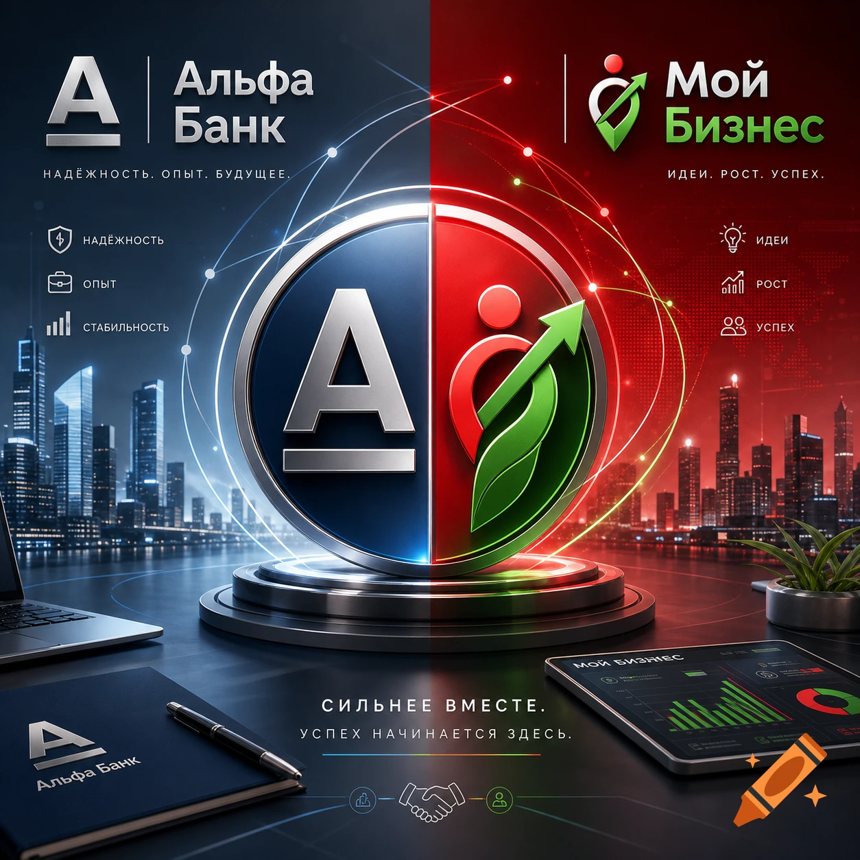 A split image with Alfa Bank's blue side and My Business's red side, featuring a central merged logo, city skylines, and office items like a laptop, notebook, and tablet on a desk.