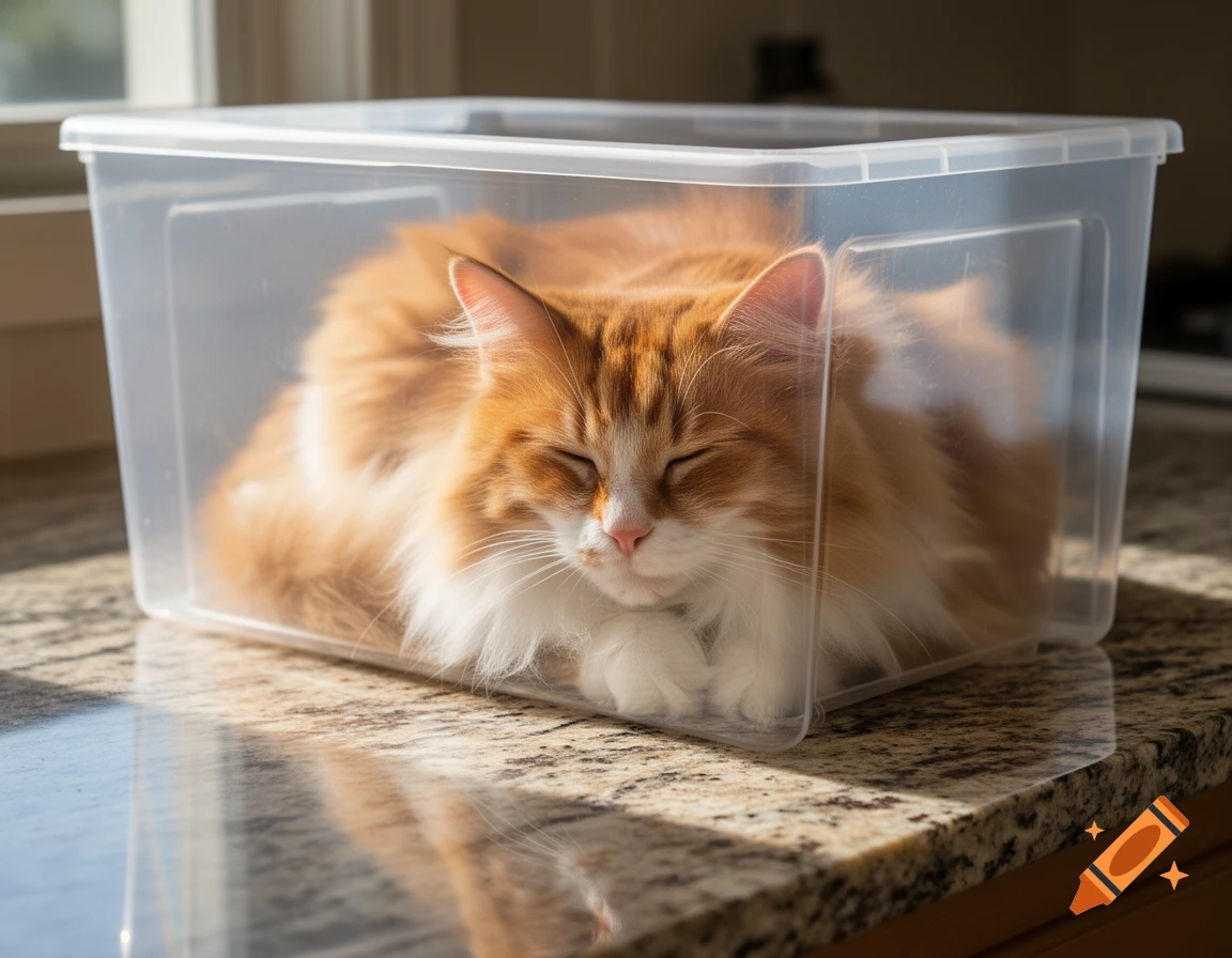 A fluffy orange and white domestic cat is sleeping peacefully inside a clear plastic box on a granite kitchen counter.