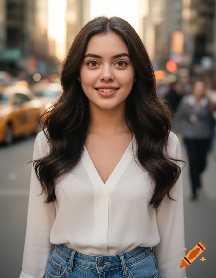 A smiling young woman with dark hair and a white blouse stands on a blurred city street with buildings and a yellow taxi.