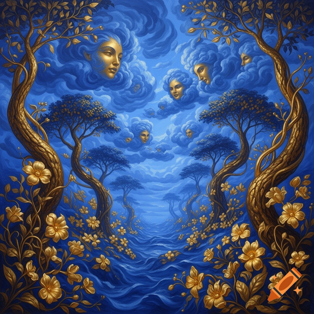 A surreal blue and gold landscape with twisted trees, golden flowers along a winding path, and stylized faces within the clouds above.