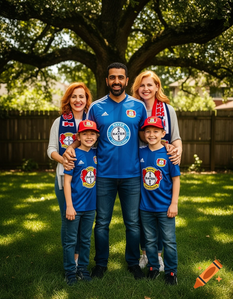 A smiling family of four, two adults and two children, pose in a sunny backyard wearing blue Bayer Leverkusen soccer jerseys and red hats.