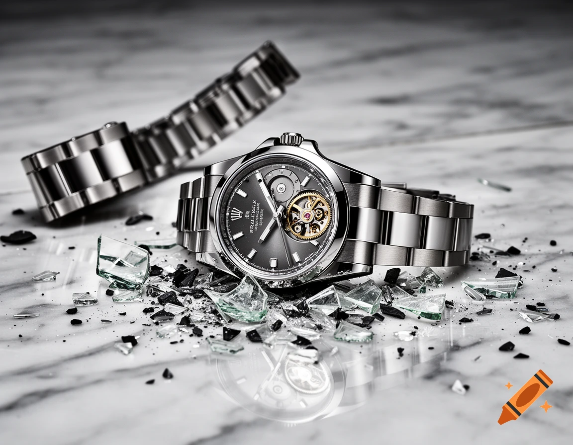 A close-up, dramatic shot of a broken silver watch on a white marble surface, surrounded by shattered glass shards and debris, with its band unfurled in the background.