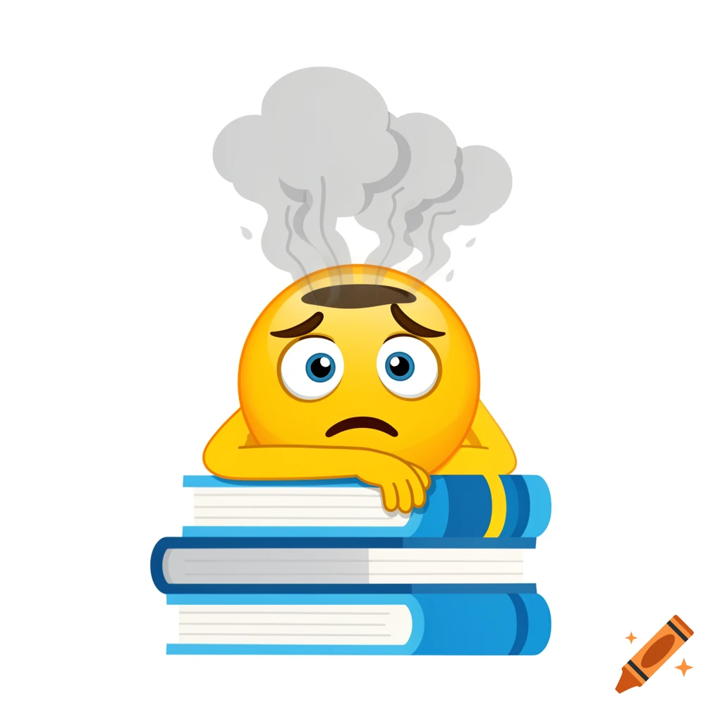 A cartoon yellow emoji with steam rising from its head, looking stressed, rests its arms on a stack of blue books.